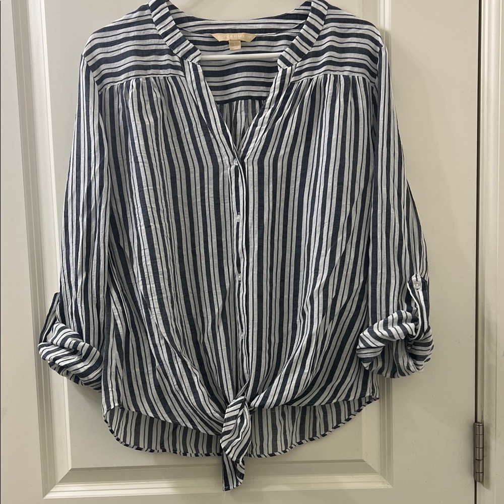 Striped Navy & White Tie-Front Button Blouse